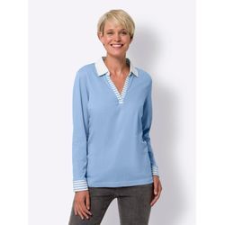 Langarmshirt CLASSIC BASICS "Langarm-Shirt", Damen, Gr. 42, blau (himmelblau, weiß), 100% Baumwolle, gemustert, mehrfarbig, gestreift, V-Ausschnitt, Langarm, Shirts