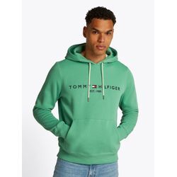 Kapuzensweatshirt TOMMY HILFIGER "TOMMY LOGO HOODY", Herren, Gr. L, fort grün, Sweatware, Obermaterial: 64% Baumwolle, 36% Polyester, casual, gerade, unten schmal hüftlang, Rundhals, Langarm angesetztes Bündchen, Sweatshirts, mit Kapuze und Kängurutasche