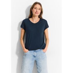 T-Shirt CECIL, Damen, Gr. S (38), blau (schwarz petrol blau), Jersey, Obermaterial: 50% Baumwolle, 50% Modal, casual, normal hüftlang, V-Ausschnitt, Kurzarm angeschnitten Bündchen, Shirts, mit Biesen-Dekoration