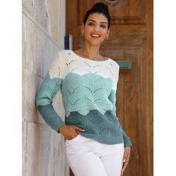 Ajourpullover CLASSIC BASICS "Rundhals-Pullover", Damen, Gr. 38, grün (jade, ecru, gemustert), 100% Baumwolle, gemustert, mehrfarbig, gestreift, Langarm, Pullover