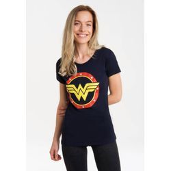 T-Shirt LOGOSHIRT "Wonder Woman Circle Logo", Damen, Gr. L, blau (dunkelblau), 100% Baumwolle, unifarben, casual, normal, Rundhals, Kurzarm, Shirts, mit lizenziertem Print