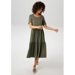 Sommerkleid ANISTON CASUAL, Damen, Gr. 36, N-Gr, grün (khaki), Single Jersey, Obermaterial: 95% Baumwolle, 5% Elasthan, unifarben, casual, wadenlang, Rundhals, Kurzarm, Kleider, in trendiger Farbpalette - NEUE KOLLEKTION