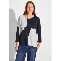 Longpullover CECIL, Damen, Gr. M (40), blau (universal blau), Web, 60% Baumwolle, 40% Viskose, bedruckt, casual, gerade normal, V-Ausschnitt, 3/4-Ärmel Bündchen, Pullover, mit abgerundetem V-Ausschnitt