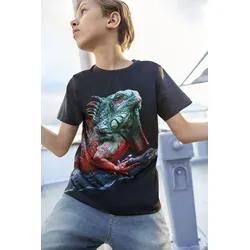 T-Shirt KIDSWORLD "Fotoprint: LITTLE LIZARD", Jungen, Gr. 140/146, grau (anthrazit), Jersey, Obermaterial: 100% Baumwolle. Vorderteil: 100% Polyester, modisch, Basic, Rundhals, Kurzarm, Shirts, Kurzarm, Basic-Passform, mit stylischem Druck, Rundhalsausschnitt