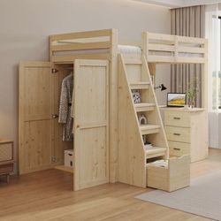 Hochbett 90200cm, mit Stauraum, Sicherheitskletterleiter, mit Stauraum im Kleiderschrank, Einzelbett, Kinderbett, Kinderbett, Massivholzrahmen in