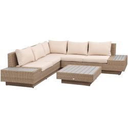 4-tlg. Luxus Polyrattan Gartengarnitur Gartenmöbel Garten-Set Sitzgruppe Loungeset Loungemöbel inkl. Ablagen und Beistelltisch Sitzkissen Braun