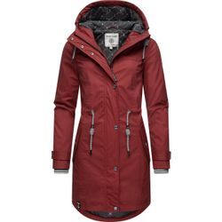 Regenjacke PEAK TIME "L60042", Damen, Gr. 4XL (48), rot (weinrot), Obermaterial: 100% Polyurethan, Futter 1: 100% Polyester, Futter 2: 60% Baumwolle, 40% Polyester, Wattierung: 100% Polyester, modisch, tailliert ca. Mitte Oberschenkel, Langarm Ärmel ohne Ärmelschlitz normaler Saum, Jacken, stylisch taillierter Regenmantel für Damen, Topseller