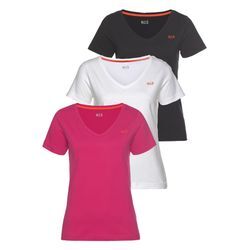 T-Shirt H.I.S "Essential-Basics", Damen, Gr. 40/42, pink (schwarz, pink, weiß), Obermaterial: 100% Baumwolle, bestickt, Basic, figurumspielend hüftlang, V-Ausschnitt, Kurzarm, Shirts, hüftlange Passform, figurumspielender Schnitt, aus 100% Baumwolle