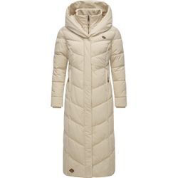 Steppmantel RAGWEAR "Natalka Extralong", Damen, Gr. 4XL (48), beige (ecru), Außenmaterial: 100% Polyester, Innenfutter: 100% Polyester, Wattierung: 100% Polyester, modisch, tailliert extralang, Langarm Ärmel ohne Ärmelschlitz Strickbündchen, Mäntel, Gesteppter Damen Mantel mit Kapuze