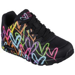 Sneaker SKECHERS "UNO - HIGHLIGHT LOVE", Damen, Gr. 39, bunt (schwarz, multi), Lederimitat, Textil, kontrastfarbene Details, casual, Schuhe, Freizeitschuh, Halbschuh, Schnürschuh mit Herzchen-Print, Topseller