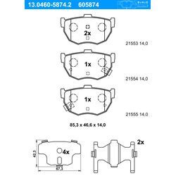 ATE Bremsbelagsatz, Scheibenbremse hinten rechts links mit Zubehör für HYUNDAI KIA 58302-2DA10 58302-2FA10 58302-29A00 13.0460-5874.2