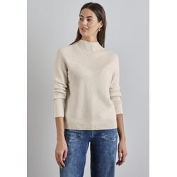 Strickpullover STREET ONE, Damen, Gr. 44, weiß (cream weiß melange), Stoff, Web, Feinstrick, 33% Polyester, 31% Polyacryl, 24% Baumwolle, 12% Polyamid, meliert, casual, normal normal, hoch geschlossener Ausschnitt, Langarm Bündchen, Pullover, mit Stehkragen