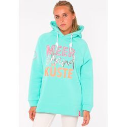 Hoodie ZWILLINGSHERZ "Meer Strand Küste", Damen, Gr. S/M, grün (mint), Sweatware, Obermaterial: 50% Baumwolle, 50% Polyester, unifarben mit Farbeinsätzen, modisch, lässig geschnitten normal, hoch geschlossener Ausschnitt, Langarm angesetztes Bündchen, Sweatshirts, mit Kapuze, Pailletten-Schriftzug und aufgesticktem Anker-Motiv