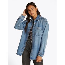 Hemdbluse TOMMY JEANS "RELAXED LS SHIRT BI6011", Damen, Gr. L (40), blau (denim light), Denim/Jeans, Obermaterial: 54% Baumwolle, 46% Lyocell, unifarben, casual, relaxed fit lang, Langarm 1-Knopf-Manschette, Blusen, mit Brusttasche, in blauer Waschung