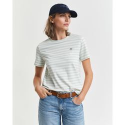 T-Shirt GANT "REG STRIPED SHIELD SS T-SHIRT", Damen, Gr. L, faded mint, Single Jersey, Obermaterial: 100% Baumwolle, casual, regular fit, Rundhals, Kurzarm, Shirts