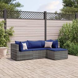 5-Tlg. Garten-Lounge-Set Mit Kissen Grau Poly Rattan | Anzahl der Artikel: 4 | Farbe: Grau und Blau