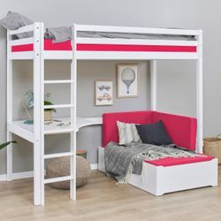 Hochbett HOPPEKIDS "ECO Dream 90x200 mit Schreibtisch & Loungesofa / Gästebett", pink (kiefer, weiß lackiert, pink), Liegefläche B/L: 90cm x 200cm, kein Härtegrad, kein Härtegrad, Hochbetten, Kinderbett aus Massivholz, Sofa ausziehbar zum Gästebett