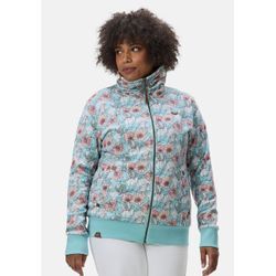 Sweatjacke RAGWEAR "Izolda Plus", Damen, Gr. 44, blau (hellblau), Obermaterial: 65% Baumwolle, 35% Polyester (recycled), casual, gerade hüftbedeckend, hoch geschlossener Ausschnitt, Langarm Ärmel ohne Ärmelschlitz Rippbündchen, Sweatjacken, Nachhaltiger Zipper mit hohem Kragen und Blumenmuster