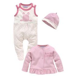 Strampler, Jäckchen & Mütze KIDSWORLD "3tlg Baby-Set, für kleine Mädchen", Baby, Gr. 74/80, rosa (rosa, weiß), Obermaterial: 100% Baumwolle, gemustert, bedruckt, modisch, KOB Set-Artikel Baby-Set Erstausstattungspaket, aus Bio-Baumwolle