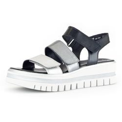 Keilsandalette GABOR, Damen, Gr. 43, silber (schwarz, silberfarben), Glattleder, metallic, modisch, Schuhe, Sommerschuh, Sandale, Keilabsatz, mit drei Klettverschlüssen