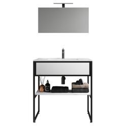 Waschbeckenunterschrank VCM "VCM 3-tlg. Waschplatz Waschtisch Badmöbel Set Waschbecken Holz Metall Industrial Style Bitila 80 V1" Gr. 80, schwarz-weiß (schwarz, weiß), B:80cm H:85cm T:46cm, Obermaterial: 95% Holz Wood. 5% Metall MT., Schränke