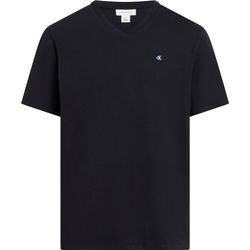 T-Shirt CALVIN KLEIN JEANS "SS SMOOTH CTTN SOLID VNECK TEE", Herren, Gr. L, schwarz, Single Jersey, Obermaterial: 100% Baumwolle, unifarben, Basic, normal hüftlang, V-Ausschnitt, Kurzarm abgesteppt, Shirts, mit Logostickerei