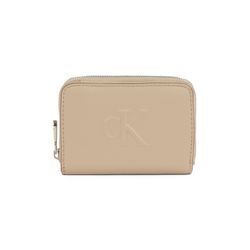 Geldbörse CALVIN KLEIN JEANS "SCULPTED MED ZIP AROUND WALLET", beige (natur), Lederimitat, Basic, Kleinlederwaren, Geldbeutel, Portemonnaie Damen mit CK Prägung