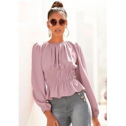 Langarmbluse LASCANA, Damen, Gr. 34, lila (mauve), Web, Obermaterial: 100% Polyester, unifarben, leicht transparent, modisch, figurumspielend hüftlang, gekräuselter Ausschnitt, Langarm mit innenliegendem Gummizug, Blusen, mit modischen Raffungen, elegante Damenbluse, festlich