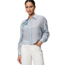 Klassische Bluse ZERO "zero Bluse gestreift mit Stoffblume", Damen, Gr. 34, weißblau, Web, Obermaterial: 55% Polyester, 30% Viskose, 15% Polyamid. Ärmelfutter: ohne Futter., durchscheinend, festlich, figurumspielend kurz, Langarm weit Bündchen mit Knöpfen, Blusen
