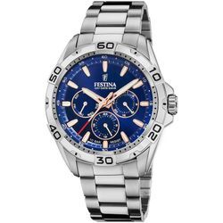 Multifunktionsuhr FESTINA, silber (silberfarben, blau), Armbanduhren, Herren, Armbanduhr, Quarzuhr, Herrenuhr, Edelstahlarmband,bis 10bar wasserd.