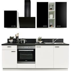 Küchenzeile KOCHSTATION ""KS-Bari", wahlw. mit E-Geräten", schwarz-weiß (front: weiß, schwarz, korpus: weiß, arbeitsplatte: schwarz steinstruktur), B:220cm T:60cm, Komplettküchen-Sets, Küchenzeile, Soft-Close-Funktion und Vollauszug, vormontiert, Breite 220 cm