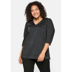 Shirt mit 3/4-Arm, V-Ausschnitt und Effektgarn, schwarz, Gr.48/50